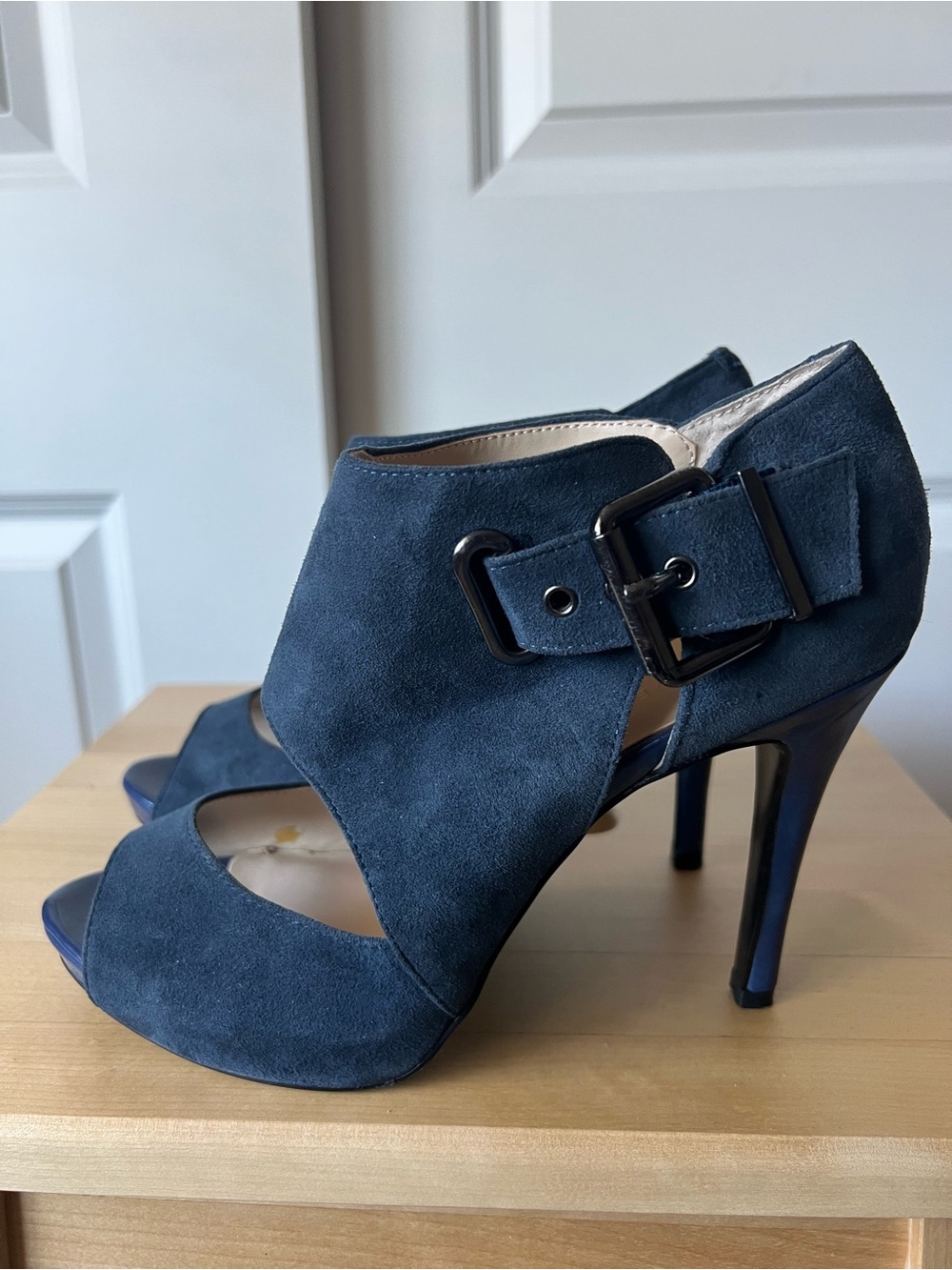 Nine West Navy Suede Peep-Toe Buckle Heels